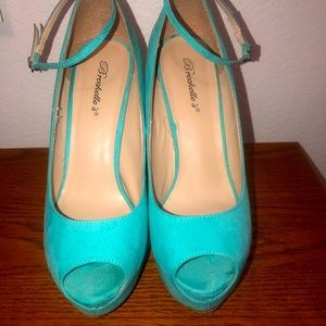 Teal colored peep toe heels